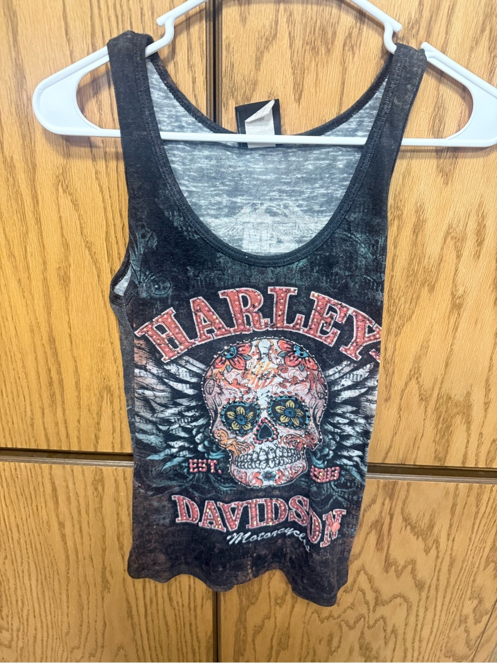 Harley-Davidson Black Tank with Colorful Floral Skull Graphic